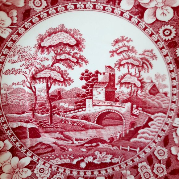 Set of 4 Copeland Pottery "Spode's Tower" Transfer Ware Saucers, Pink/Red, 5 7/8 - Picture 2 of 4